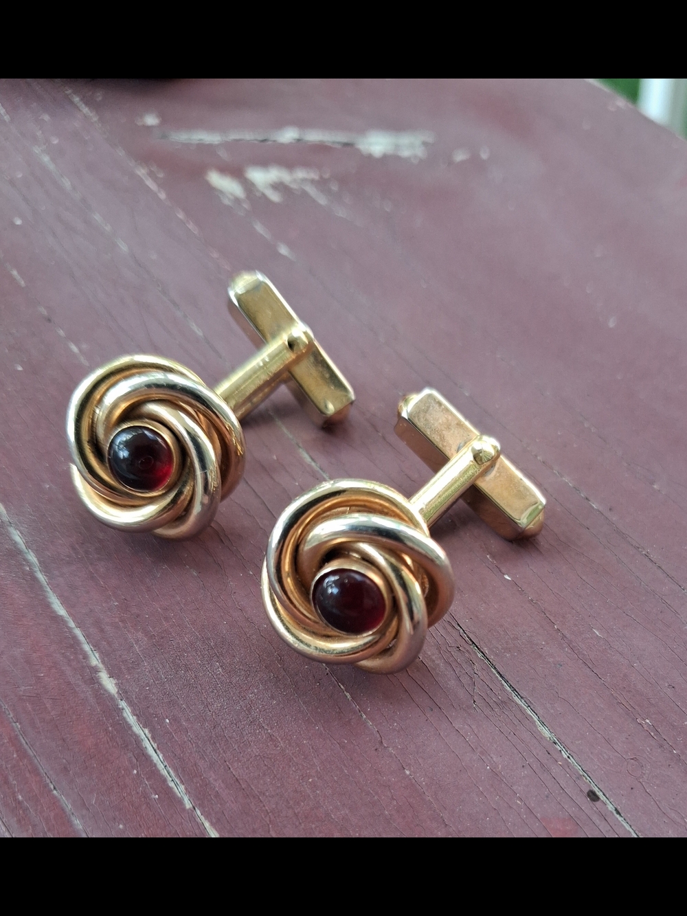 SWANK Gold-Tone Knot Cufflinks with Deep Red Center